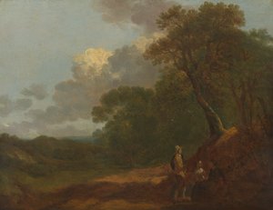 Bosrijk landschap met een man die praat met twee zittende vrouwen door Thomas Gainsborough RA