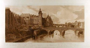 Gezicht op de Pont au Change, het Stadstheater, de Pont Neuf, de gevangenis van de Conciergerie enz., gezien vanaf de Pont Notre-Dame door Thomas Girtin