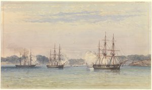 De China-oorlog 1857, drie van HM-schepen bombarderen en scheepsboten aan de kust