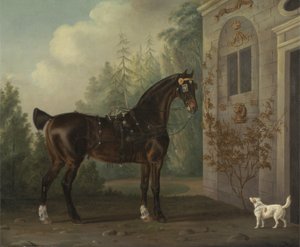 Donkerbruine koetspaard van Lord Abergavenny met een terriër door Thomas Gooch