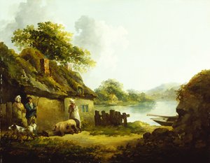 Een zigeunerfamilie buiten een schuur in een landschap