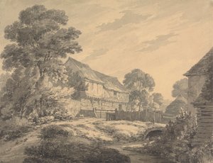 Boerderij en gebouwen bij een stroom door Thomas Hearne