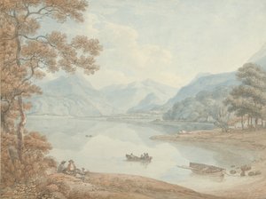Gezicht op Derwent Water, in de richting van Borrowdale (Cumberland) door Thomas Hearne
