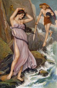 Vol medelijden . . . Perseus kwam dichterbij en keek naar de maagd (chromolitho) door Thomas Heath Robinson