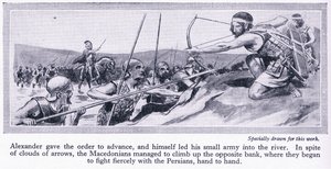 Hoe Alexander zijn rijk veroverde: Darius, koning van Perzië, verzamelde een groot leger dat in 334 v.Chr. door de Macedoniërs werd verslagen, ca. 1950 (litho) door Thomas Heath Robinson