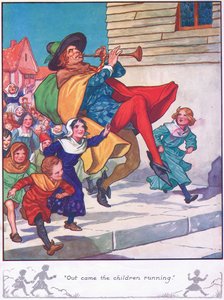De kinderen renden naar buiten (kleurenlitho) door Thomas Heath Robinson