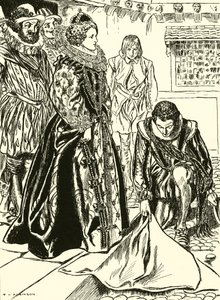 Raleigh spreidt zijn mantel uit voor Elizabeth (gravure) door Thomas Heath Robinson