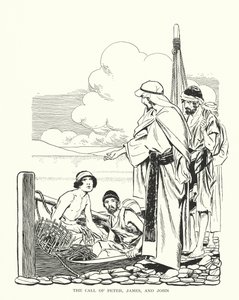 De roep van Petrus, Jakobus en Johannes (litho) door Thomas Heath Robinson