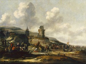 Een Uitzicht op Scheveningen met Vissers die hun Vangst Verkopen door Thomas Heeremans