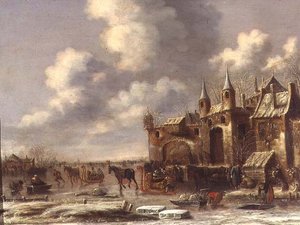 Stadsbewoners op het ijs bij een stadspoort