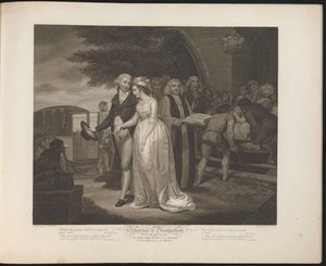 Pasgetrouwde bescheiden dienstmeid loopt naar een koets terwijl de losbandige dienstmeid begraven wordt