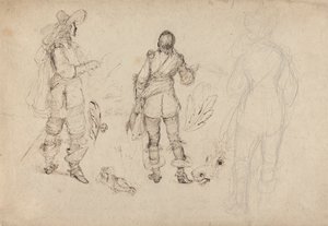 Pagina met schetsen van ruiters, paardenhoofd en pluimen door Thomas Henry Nicholson