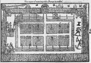 De manier van water geven met een pomp in een ton, uit The Gardeners Labyrinth, 1577