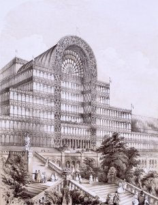 Crystal Palace in Sydenham, de voorkant van het Grote Transept, ca 1854