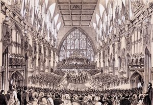 Interieur van het Guildhall - De Lord Mayor en Corporation presenteren hun adres aan de keizer en keizerin van Frankrijk, 19 april 1855 door Thomas Hosmer Shepherd