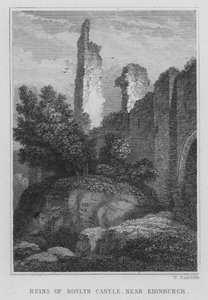 Ruïnes van Roslyn Castle, nabij Edinburgh (gravure) door Thomas Hosmer Shepherd