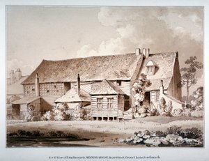 Zuidoostelijk uitzicht op het vergaderhuis van John Bunyan, Zoar Street, Southwark, Londen door Thomas Hosmer Shepherd