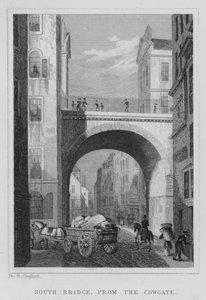 South Bridge, vanaf de Cowgate (gravure) door Thomas Hosmer Shepherd
