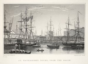 St Katherine Docks, vanaf het Basin, Tower, uit Londen en zijn Omgeving in de Negentiende Eeuw uitgegeven door Jones und Co., 1827-1829 door Thomas Hosmer Shepherd