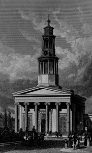 St. Pancrass Kerk, West Front, gegraveerd door James Tingle 1827 door Thomas Hosmer Shepherd