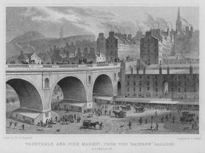 Groente- en vismarkt, vanaf de Rainbow Gallery, Edinburgh door Thomas Hosmer Shepherd