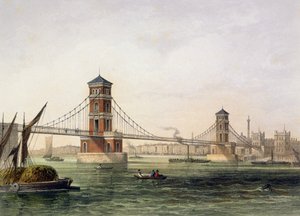 Zicht op de Hungerford-brug vanuit het oosten, gegraveerd door Jean Jacottet, 1854
