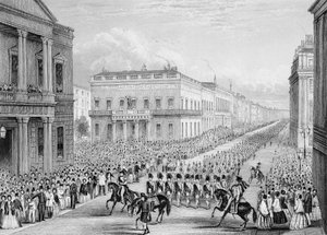 Begrafenisstoet van Wellington die langs de Senior United Service Club trekt, Pall Mall, Londen, 1852