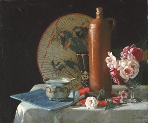 Stilleven met waaier en rozen