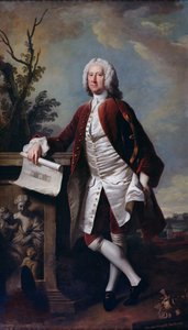 Portret van Theodore Jacobsen, architect van het Foundling Hospital, met een tekening van de Westgevel, ca.1742