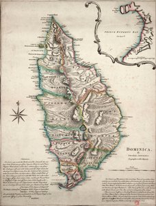 Kleurkaart van Dominica met gedetailleerde geografische observaties, ca. 1760 (handgekleurde gravure)