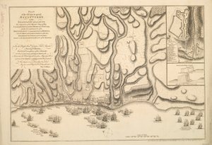 PLAN van de aanval op BASSETERRE op het EILAND GUADALOUPE door een eskader van Zijne Majesteits Oorlogsschepen onder commando van commodore MOORE op 22 januari 1759. Ook de INCAMMENTEN van het BRITSE leger onder commando van generaal HOPSON en de FRANSE IN door Thomas Jefferys