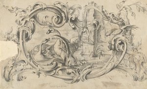 Ontwerp voor een tablet voor een schoorsteenstuk met twee zwanen in gevecht, omsloten door een scroll door Thomas Johnson