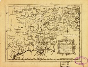 Louisiana, zoals vroeger geclaimd door Frankrijk, dat nu een deel van Brits Amerika ten oosten en Spaans Amerika ten westen van de Mississippi omvat. LOC 77690498