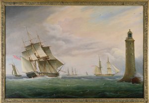 Een fregat en een marinesloep passeren de vuurtoren van Eddystone door Thomas L. Hornbrook