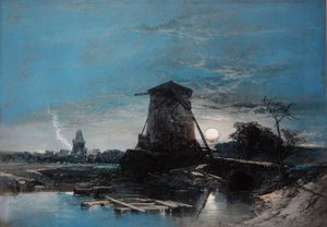 Een maanverlicht Nederlands landschap door Thomas Leeson the Elder Rowbotham