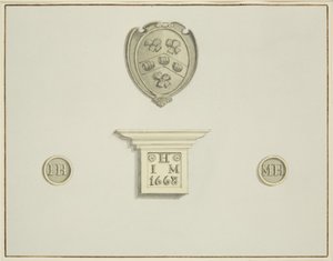 Brouwerswapens en andere details, op schoorsteenmantel bij Tempelstraat 13 door Thomas Leeson the Elder Rowbotham