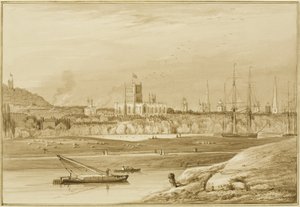 Bristol vanaf Coronation Road met Cumberland Road, de New Cut en een uitzicht op de kerken van Bristol door Thomas Leeson the Elder Rowbotham