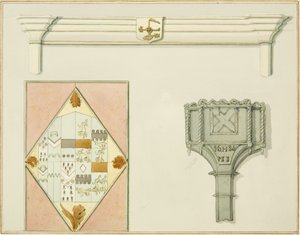 Schoorsteenmantel, glas-in-lood en sneeuwdoos op 35 High Street door Thomas Leeson the Elder Rowbotham