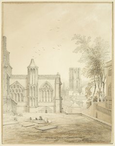 Oostkant van St Mary Redcliffe, met Temple Church door Thomas Leeson the Elder Rowbotham