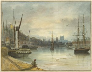 Uitzicht op de Floating Harbour richting de kathedraal, vanaf de ingang van de Old Floating Dock door Thomas Leeson the Elder Rowbotham