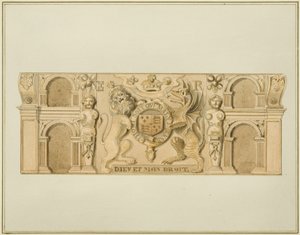 Wapenschild van Koningin Elizabeth in eikenhout, voorheen in een huis aan het zuidwestelijke einde van Clare Street door Thomas Leeson the Elder Rowbotham