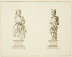 Twee uitzichten van een gesneden houten figuur in de sacristie van St John
