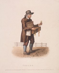 Marskramer met zijn doos vol waren om zijn nek gehangen, 1820 door Thomas Lord Busby