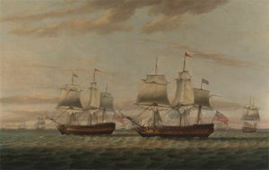 Een Indiaman en een Tweedekker Hove to, Zogenaamd Thomas Dumar, Esq. in H.M. Schip 