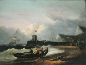 Een Boot aan Land Trekken bij de Haven van Dover door Thomas Luny