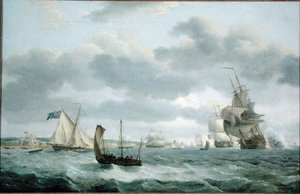 Oorlogsschepen en andere schepen in een briesje bij Dover door Thomas Luny