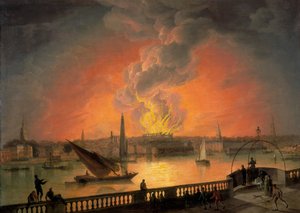 De brand van Drury Lane Theatre vanaf Westminster Bridge