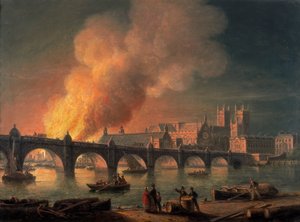 Westminster Bridge en de brand van de Houses of Parliament vanuit Lambeth, 1835