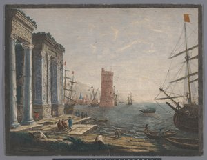 Gezicht op een haven met schepen en boten op het water