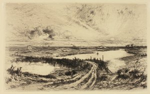 Zonsopgang—De vijver, East Hampton door Thomas Moran